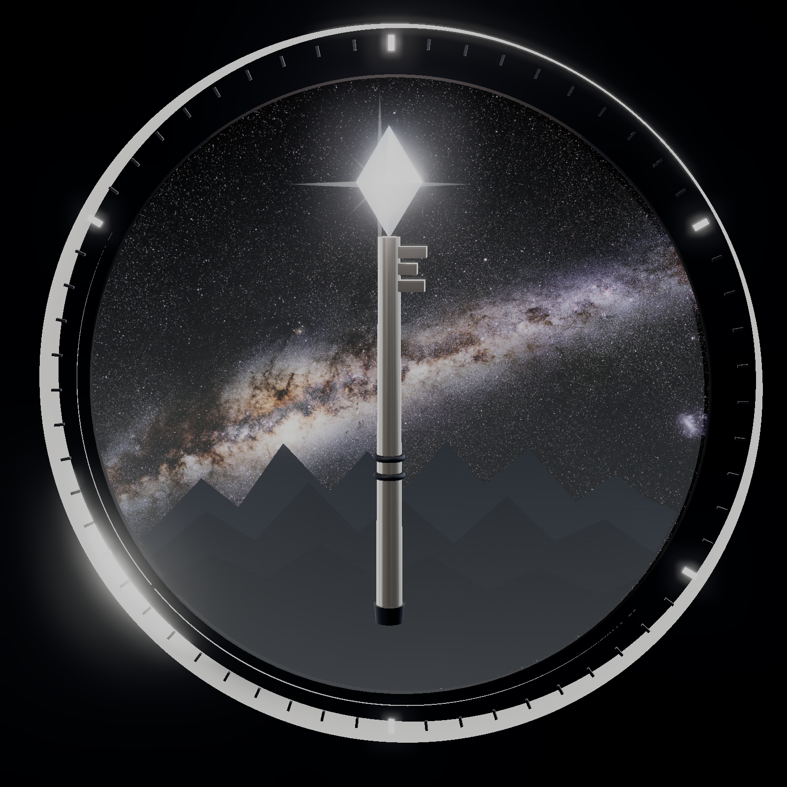 The Mithrandir seal rendered in 3D: a steel bezel with six lit marks, a silver staff-key with its bit turned upward, a glowing faceted gem, mountains in shadow